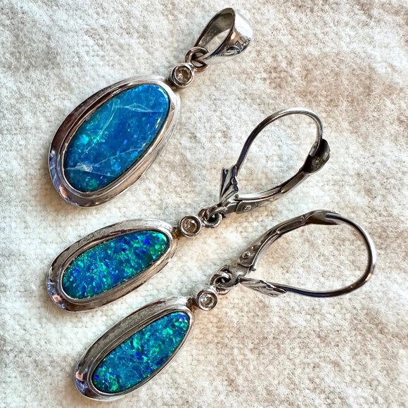 Jewelry - 14k White Gold Blue Opal Earrings and Pendant w/diamond